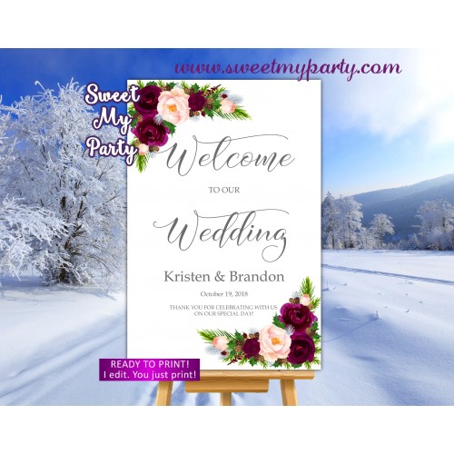 Winter Wedding Welcome Sign,Pine Cone Wedding Welcome sign,(118w)